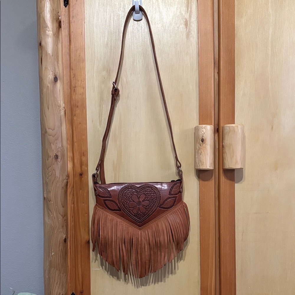 Hand Tooled Leather Crossbody Fringed Bag